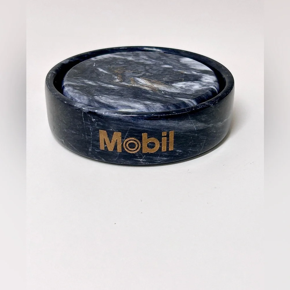 Vtg Executive Set of 2 Black Marble MOBIL Gas Oil Pegasus Logo Drink Coasters